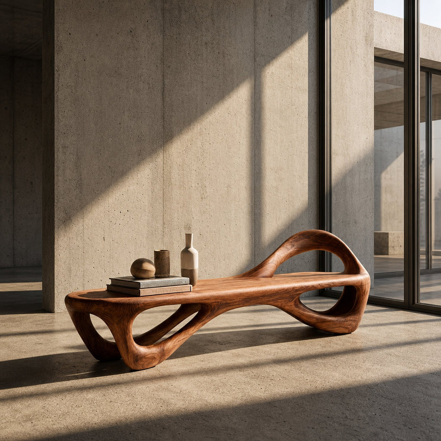 Contemporary Wooden Bench With Unique Form For Living Space