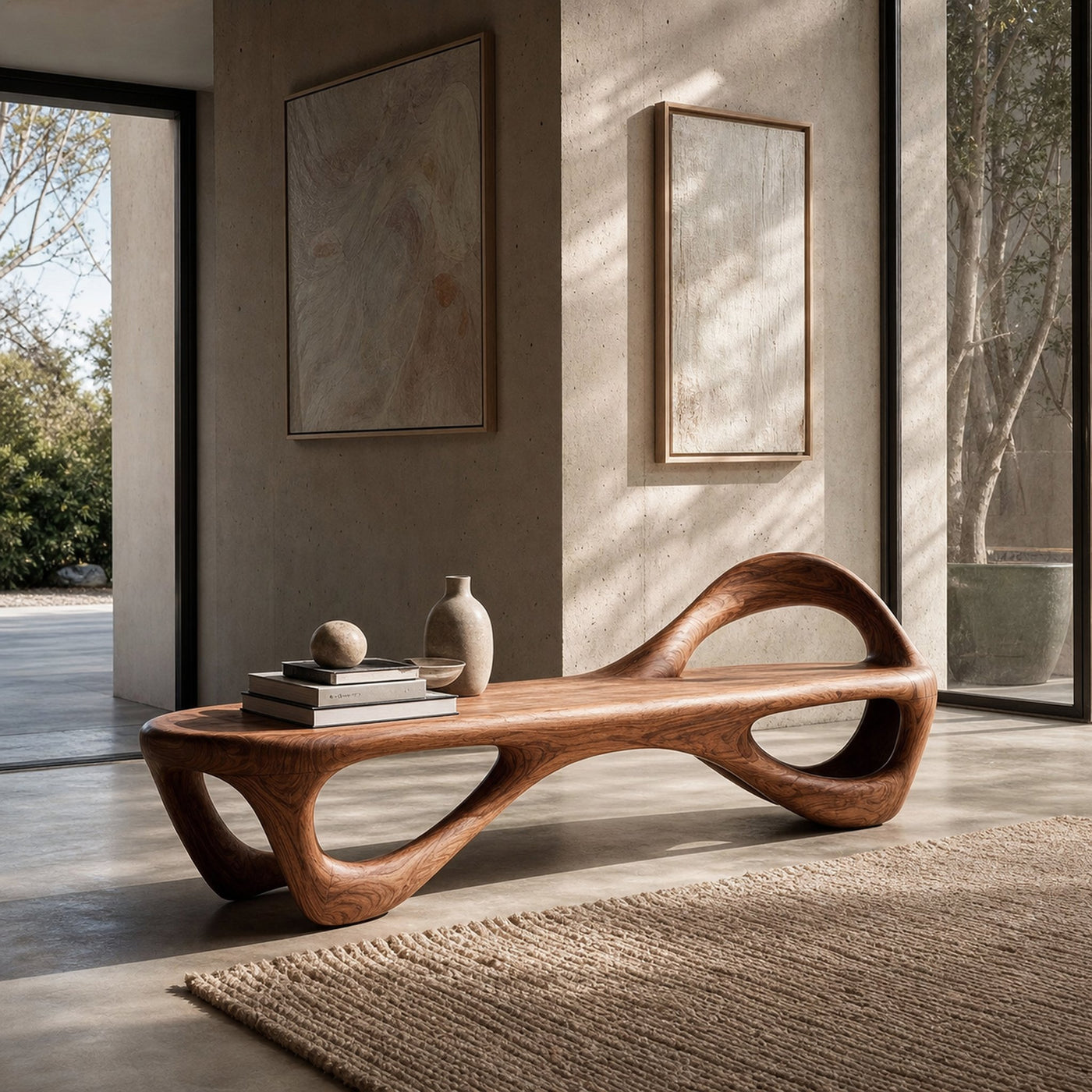 Contemporary Wooden Bench With Unique Form For Living Space - product view 6