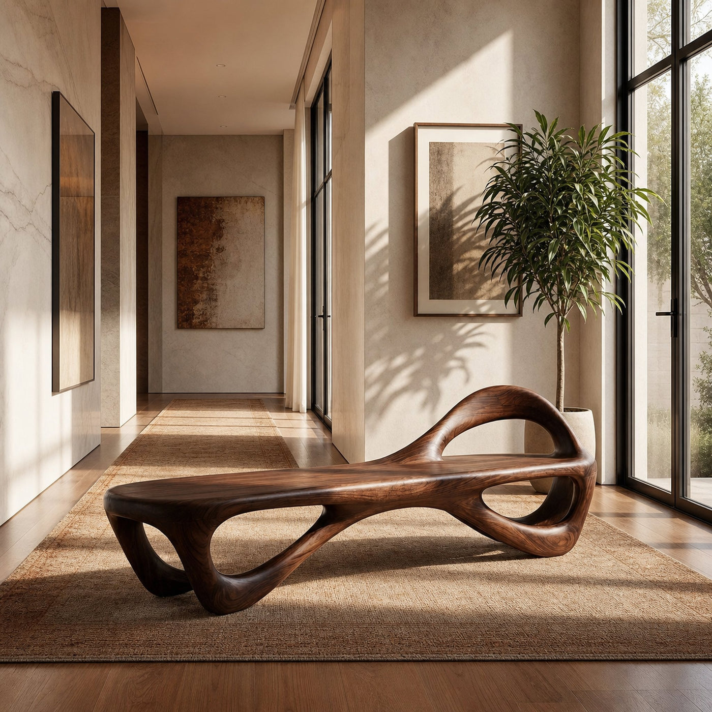 Contemporary Wooden Bench With Unique Form For Living Space - product view 7