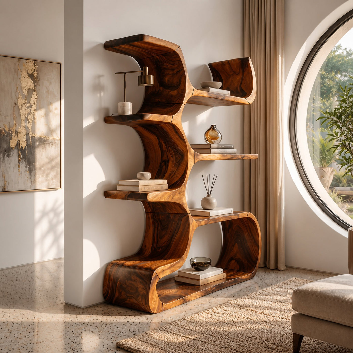Contemporary Wooden Bookcase In Sculpted Curves