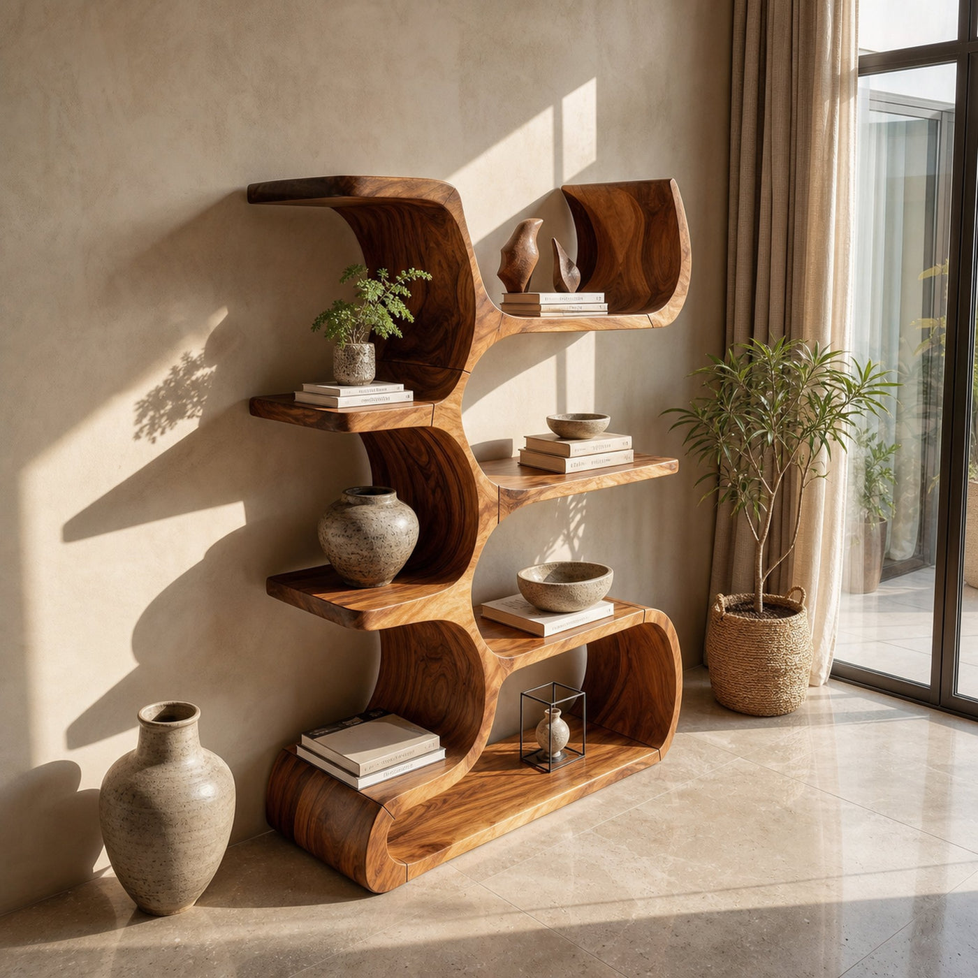Contemporary Wooden Bookcase In Sculpted Curves - product view 3