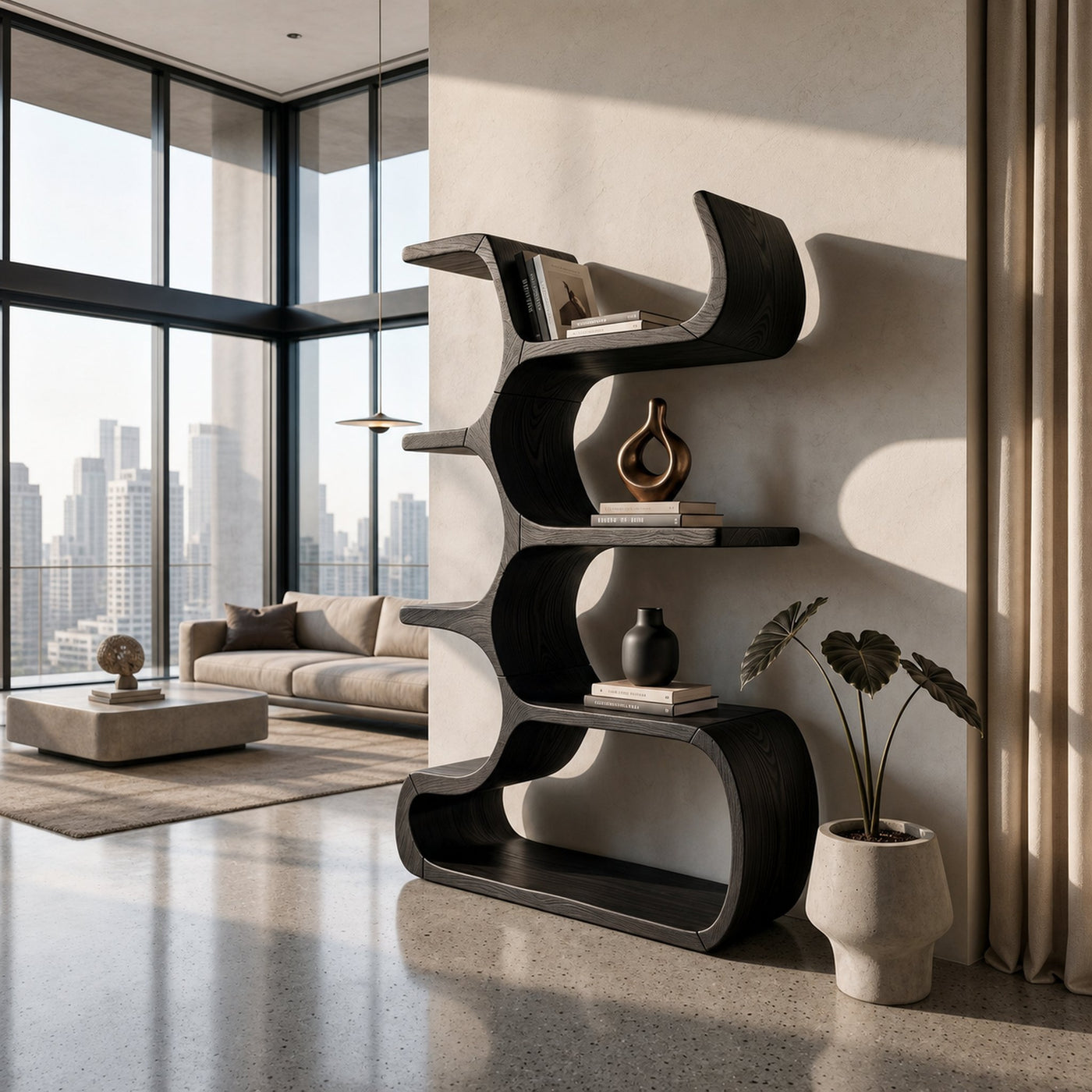 Contemporary Wooden Bookcase In Sculpted Curves - product view 4