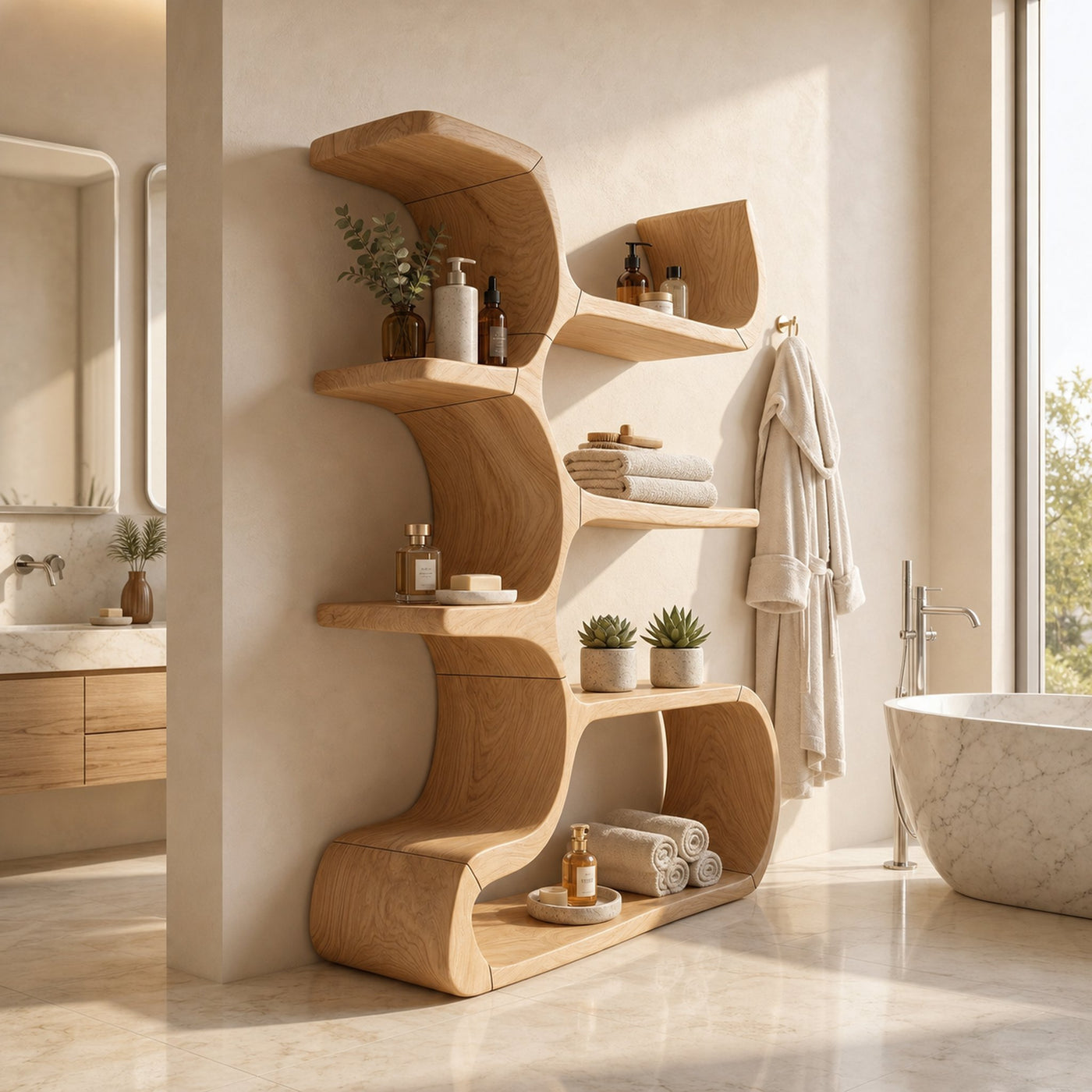 Contemporary Wooden Bookcase In Sculpted Curves - product view 5