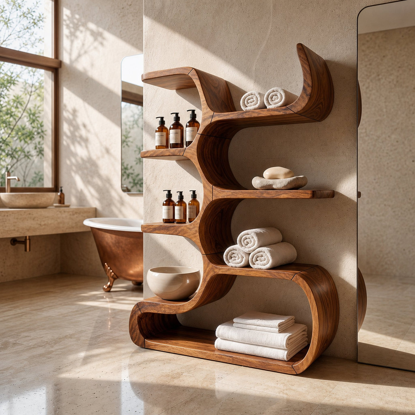 Contemporary Wooden Bookcase In Sculpted Curves - product view 6