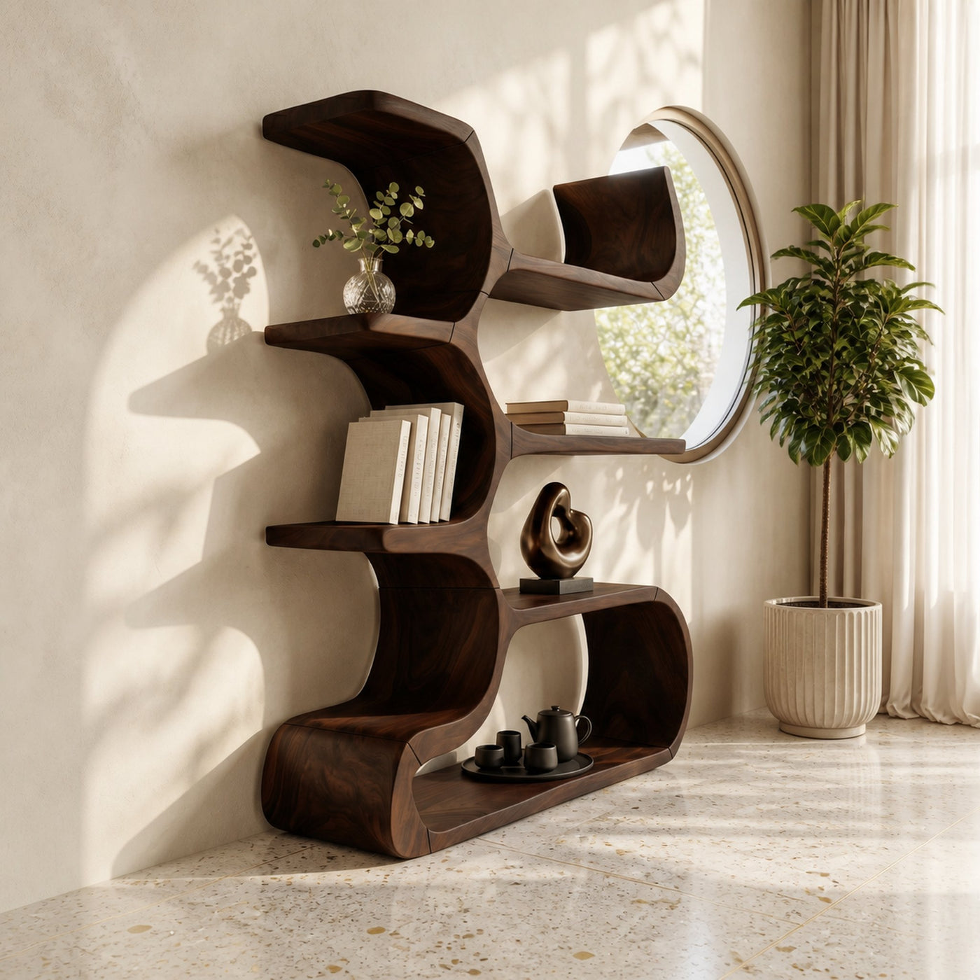 Contemporary Wooden Bookcase In Sculpted Curves - product view 7