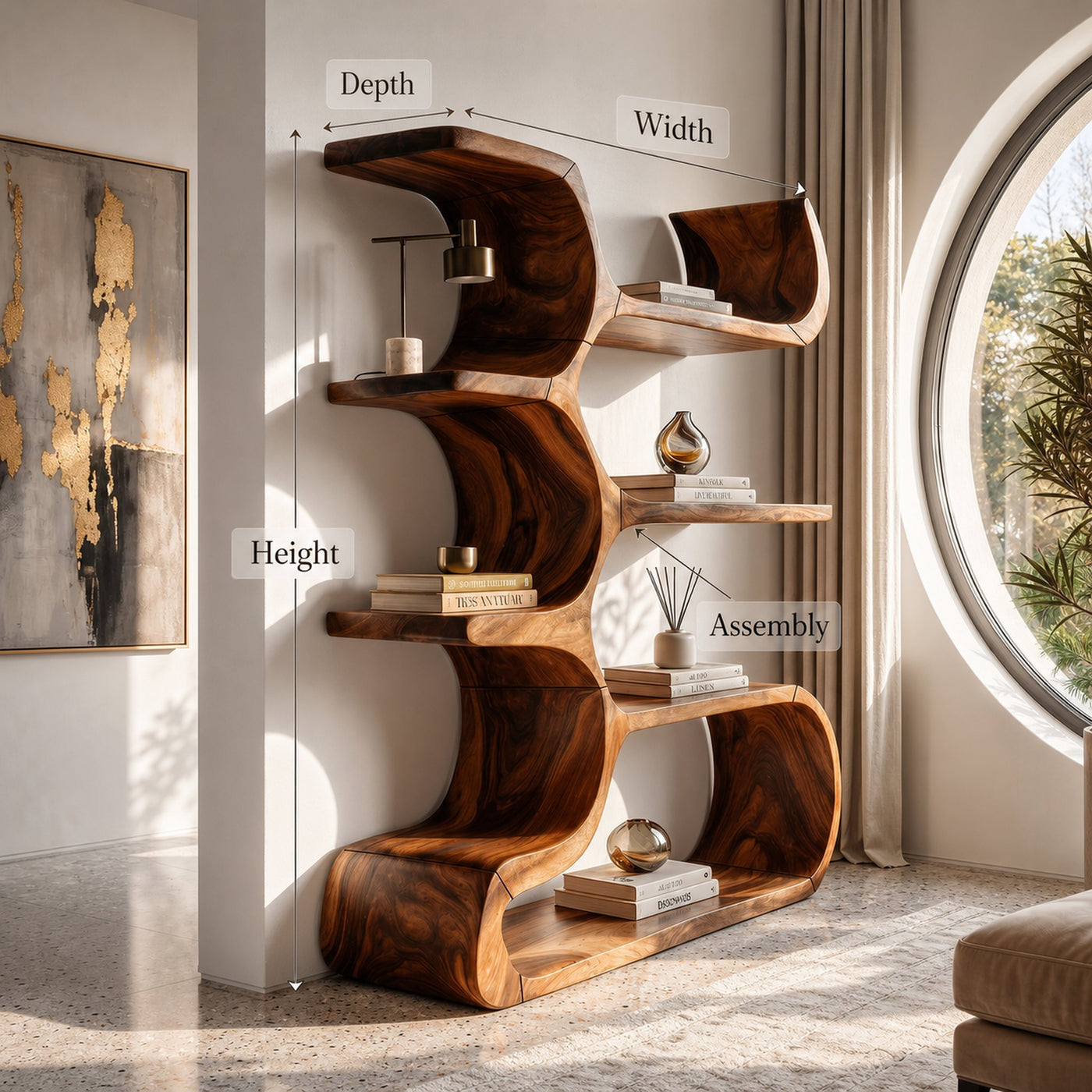 Contemporary Wooden Bookcase In Sculpted Curves - product view 8