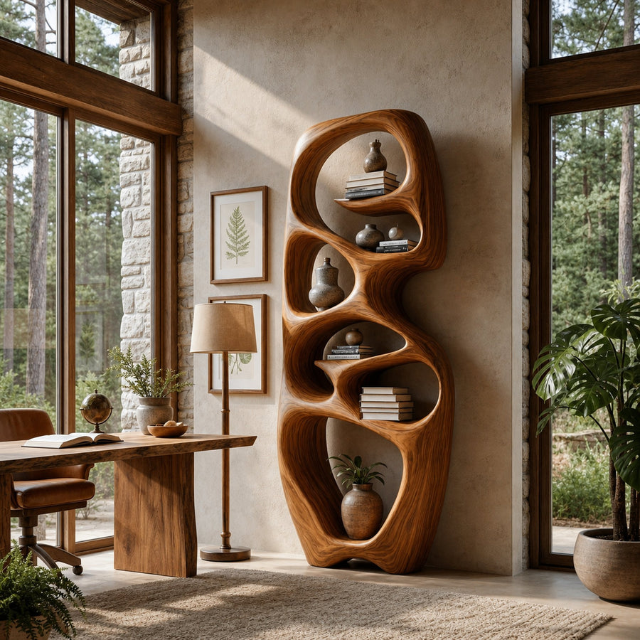 Contemporary Wooden Bookshelf Fluid Sculptural Design For Living Room
