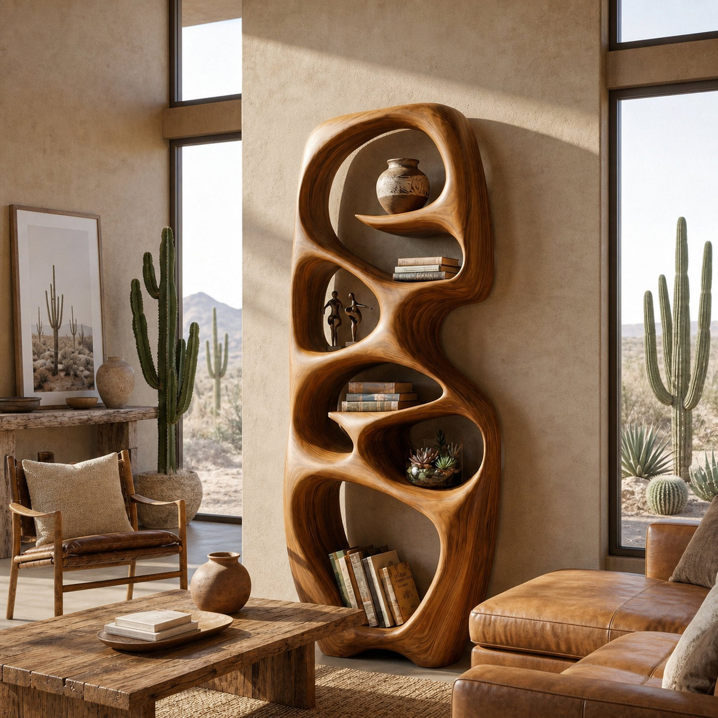Contemporary Wooden Bookshelf Fluid Sculptural Design For Living Room - product view 6