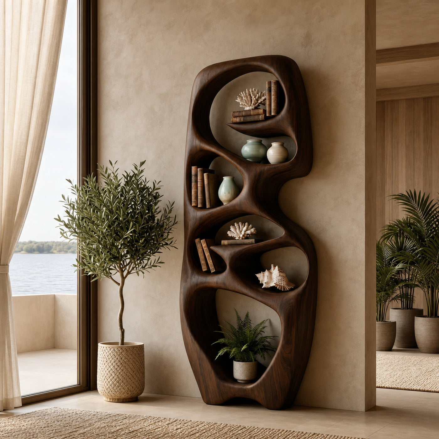 Contemporary Wooden Bookshelf Fluid Sculptural Design For Living Room - product view 7