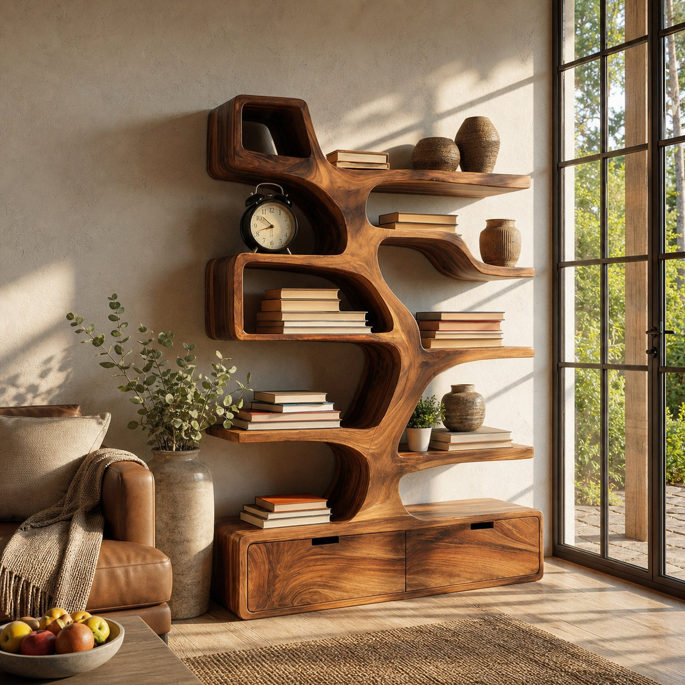Contemporary Wooden Bookshelf Sculpted Design For Living Space