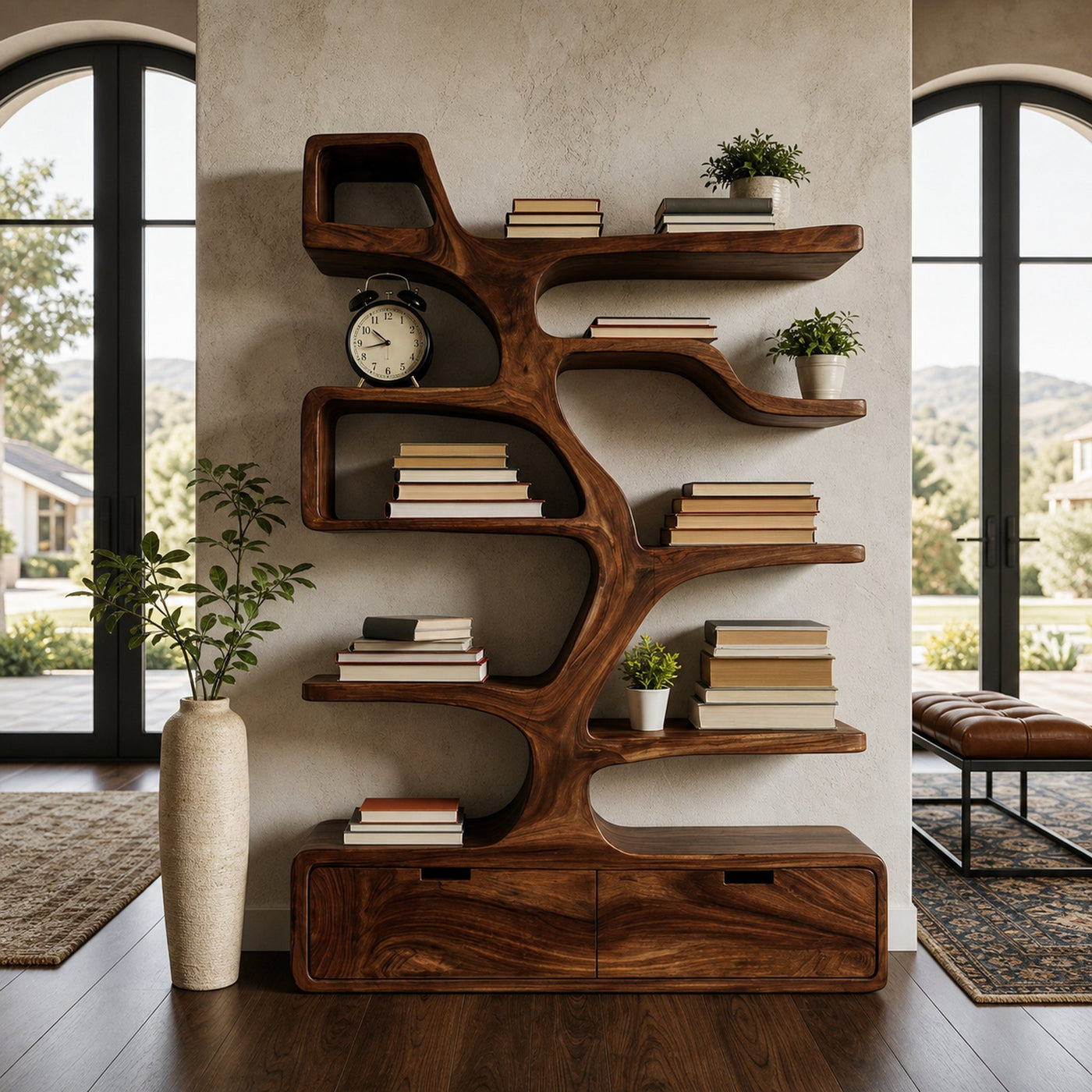 Contemporary Wooden Bookshelf Sculpted Design For Living Space - product view 7