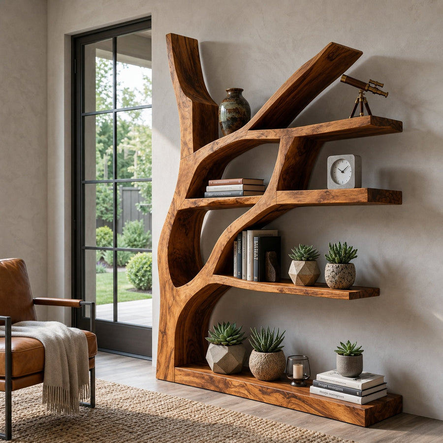 Contemporary Wooden Bookshelf Sculptural Shape For Living Room