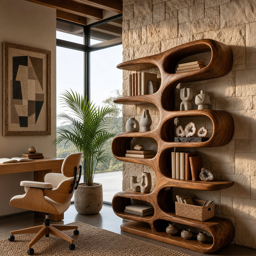 Contemporary Wooden Bookshelf With Sculptural Form For Living Room