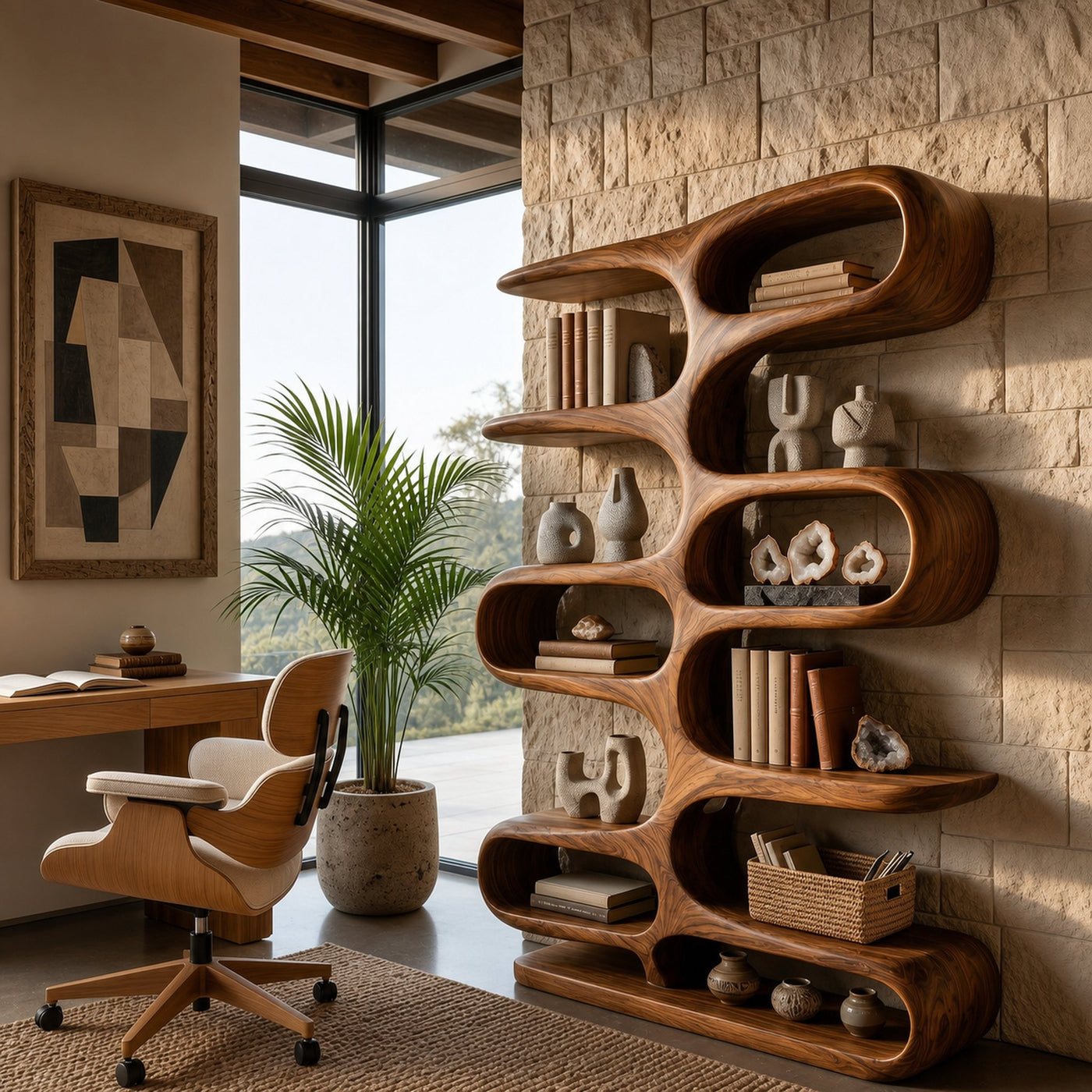 Contemporary Wooden Bookshelf With Sculptural Form For Living Room