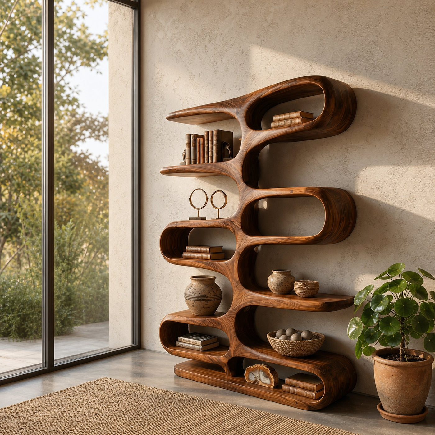 Contemporary Wooden Bookshelf With Sculptural Form For Living Room - product view 6