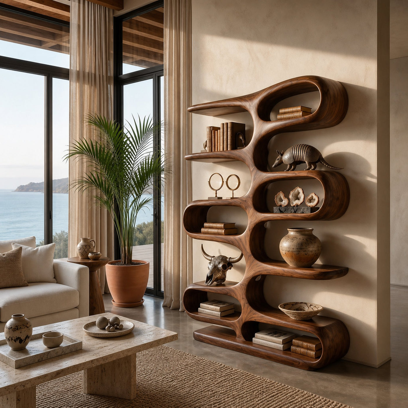 Contemporary Wooden Bookshelf With Sculptural Form For Living Room - product view 7