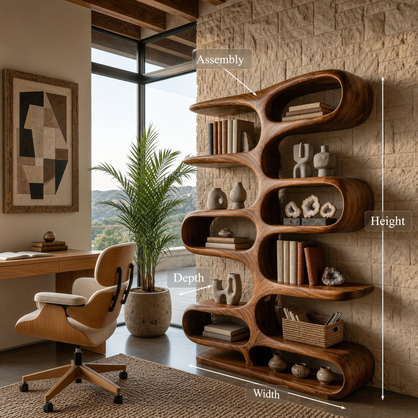 Contemporary Wooden Bookshelf With Sculptural Form For Living Room - product view 8