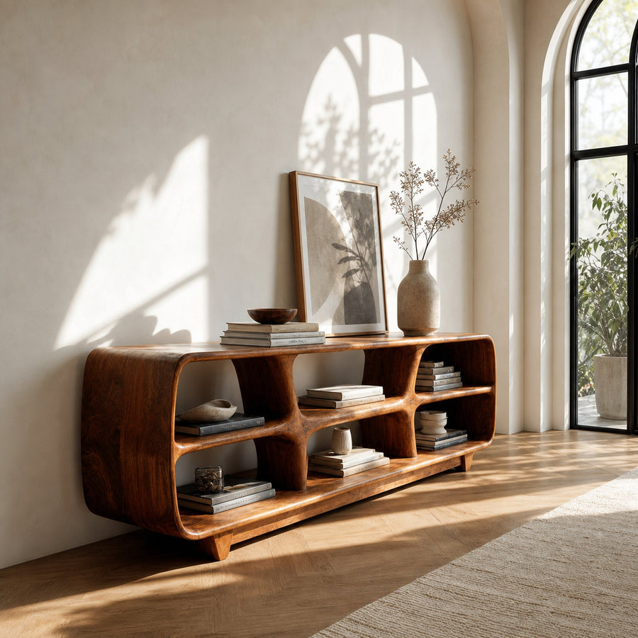Contemporary Wooden Bookshelf With Six Display Compartments For Living Room