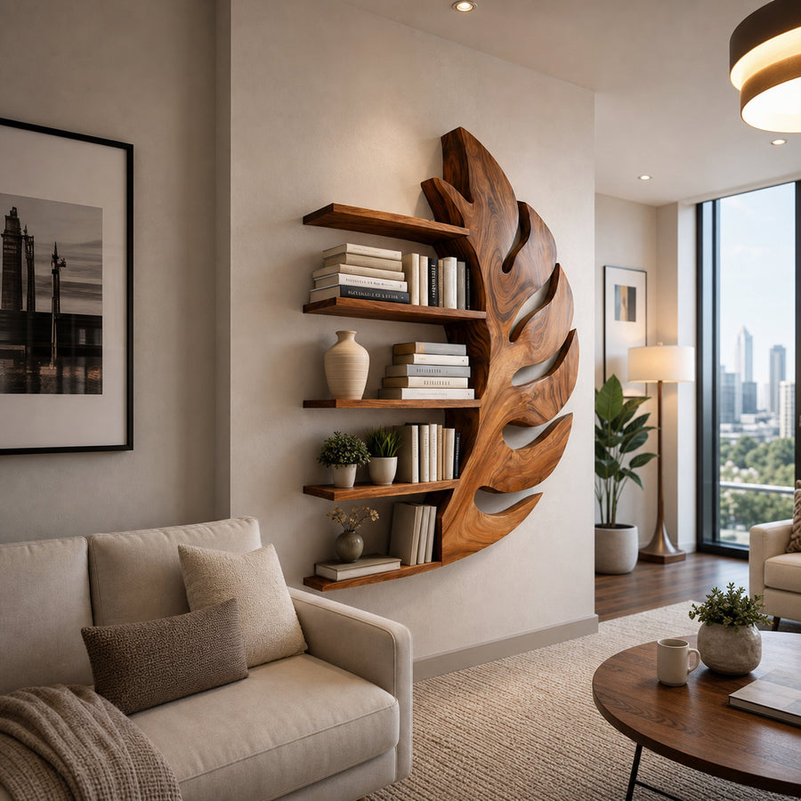Contemporary Wooden Leaf Shape Floating Bookshelf For Home Decor