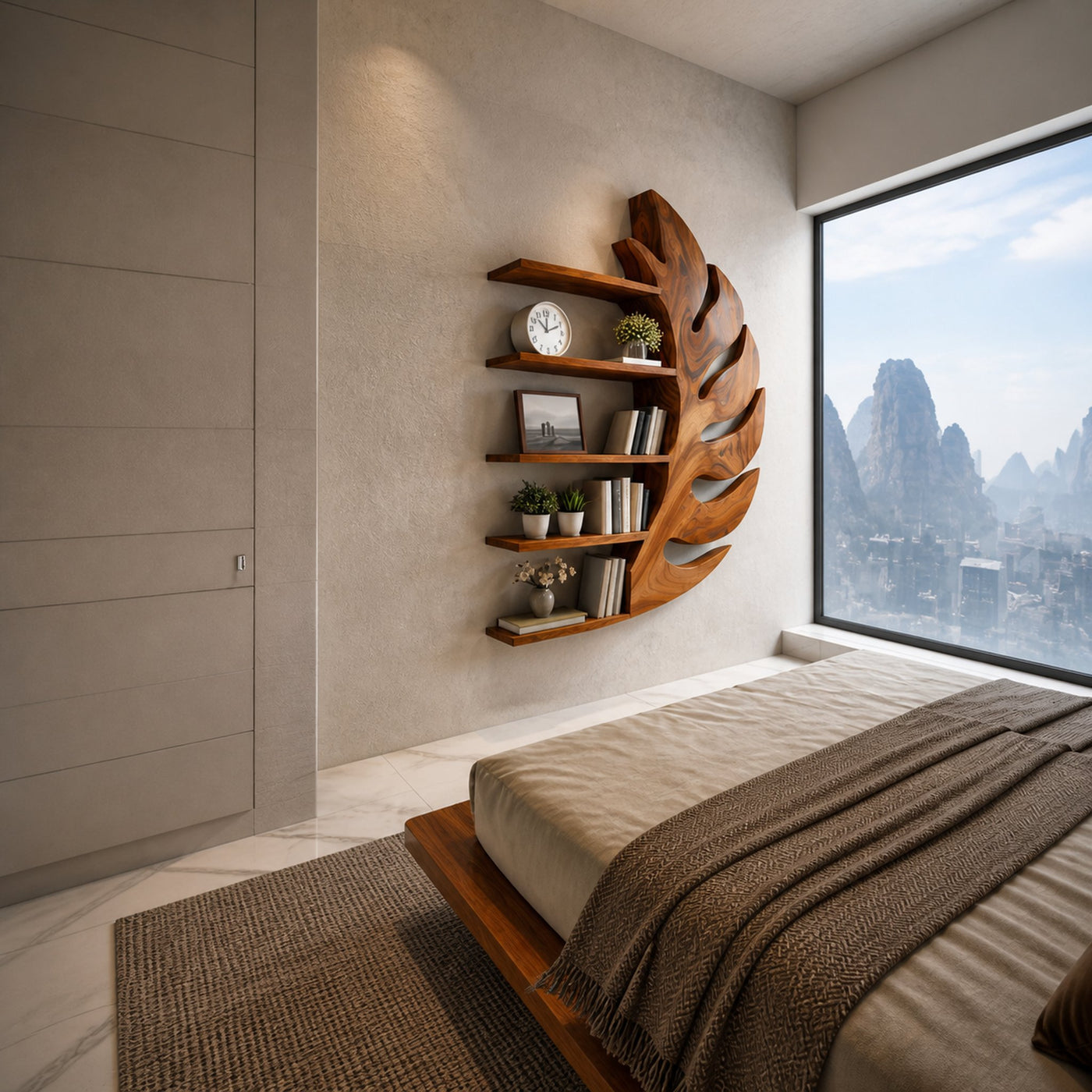 Contemporary Wooden Leaf Shape Floating Bookshelf For Home Decor - product view 6