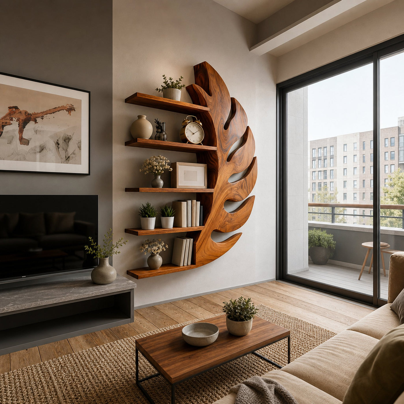 Contemporary Wooden Leaf Shape Floating Bookshelf For Home Decor - product view 7