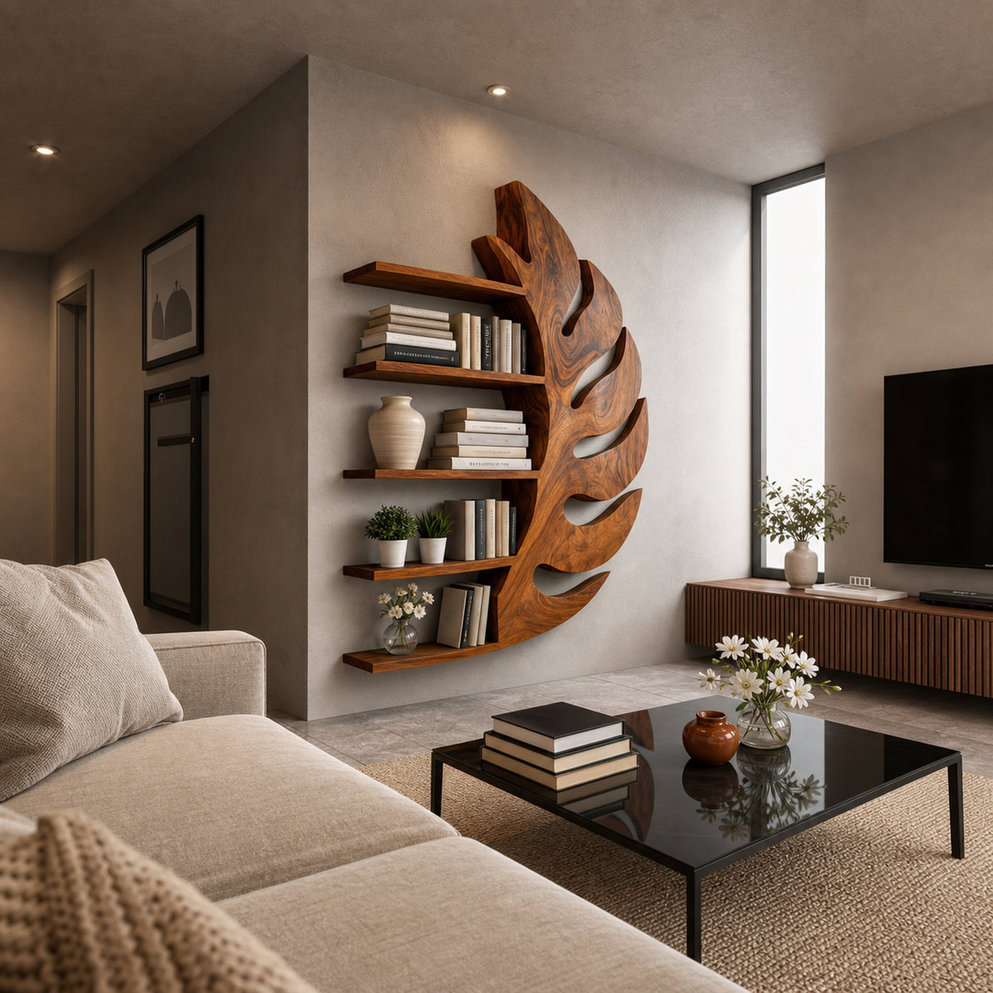 Contemporary Wooden Leaf Shape Floating Bookshelf For Home Decor - product view 8