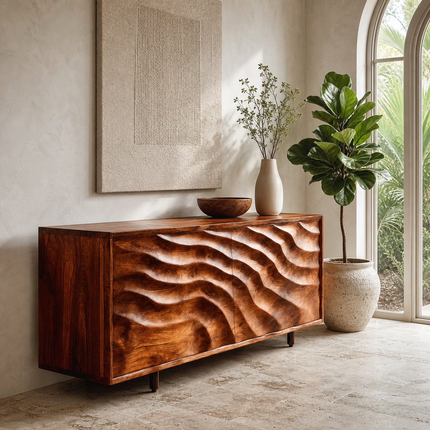 Contemporary Wooden Sideboard With Carved Doors For Home Interior