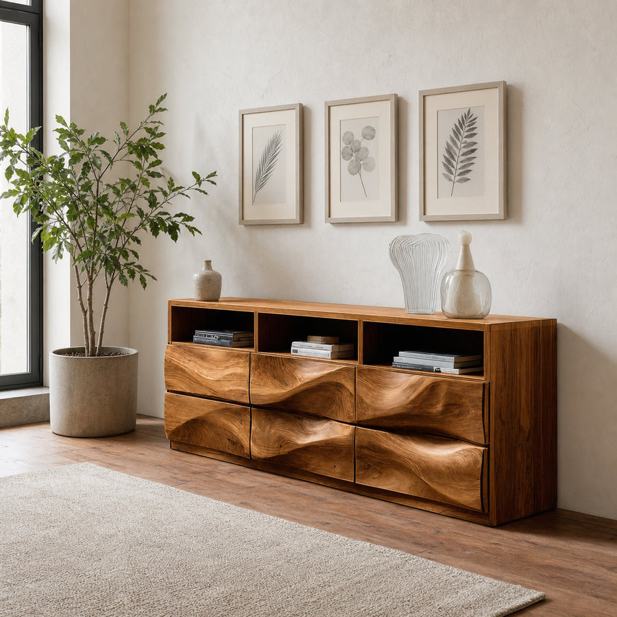 Contemporary Wooden Sideboard With Open Display Shelf For Interior