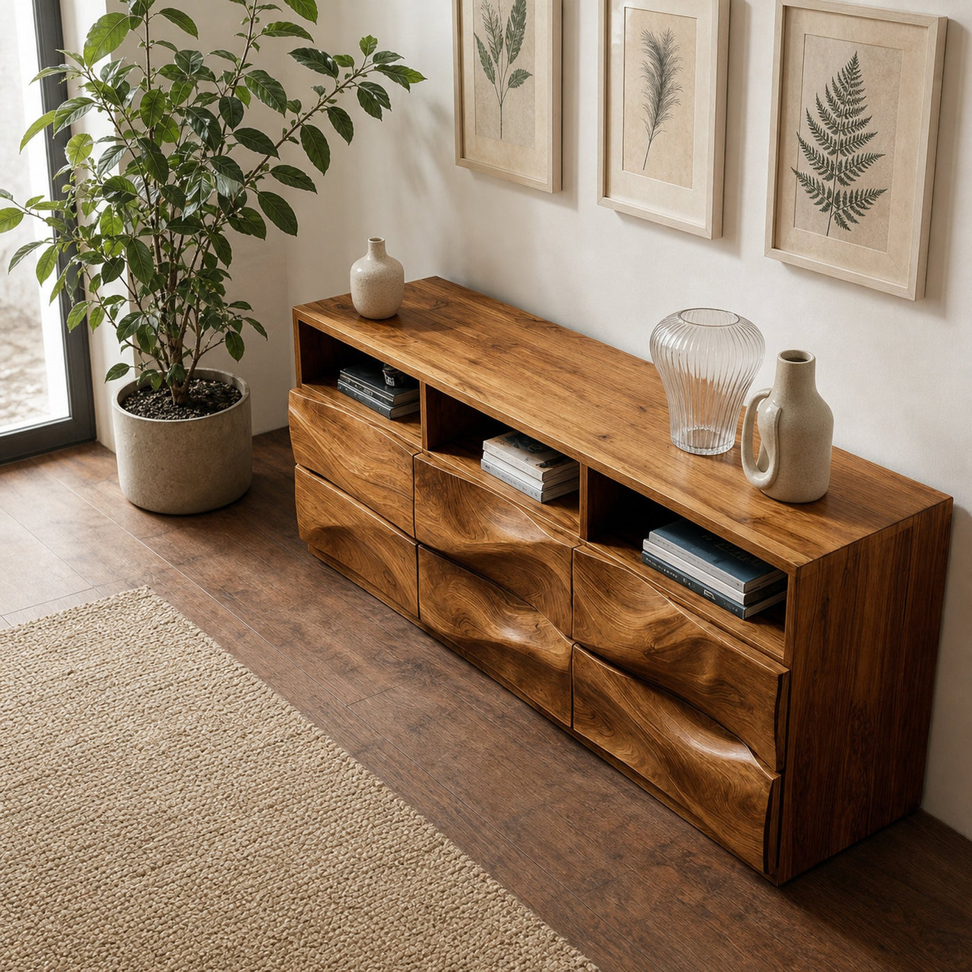Contemporary Wooden Sideboard With Open Display Shelf For Interior - product view 2