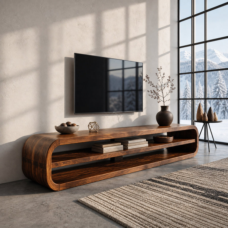 Contemporary Wooden TV Console With Open Storage For Living Room