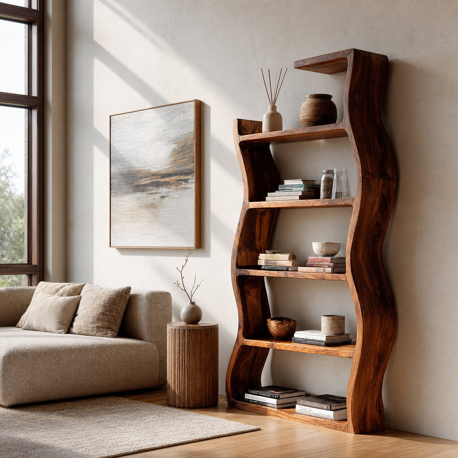 Contemporary Wooden Wavy Bookshelf With Multi Display Tiers For Living