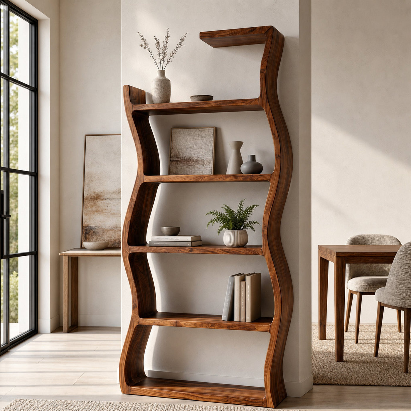 Contemporary Wooden Wavy Bookshelf With Multi Display Tiers For Living - product view 6
