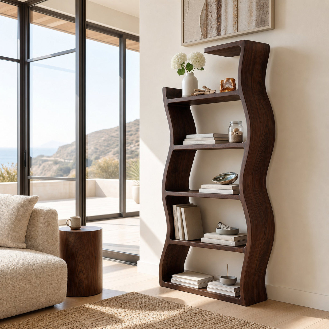 Contemporary Wooden Wavy Bookshelf With Multi Display Tiers For Living - product view 7