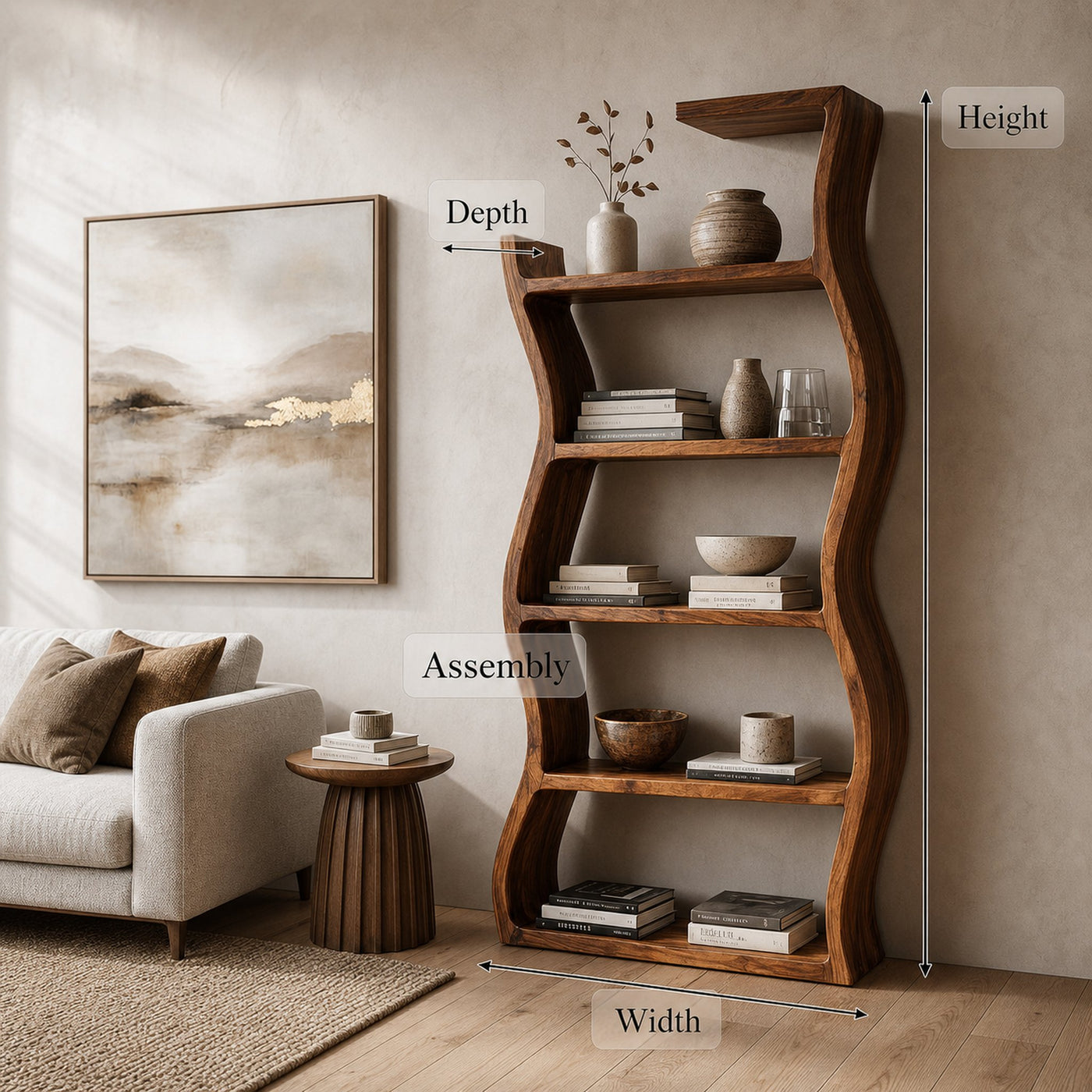 Contemporary Wooden Wavy Bookshelf With Multi Display Tiers For Living - product view 8