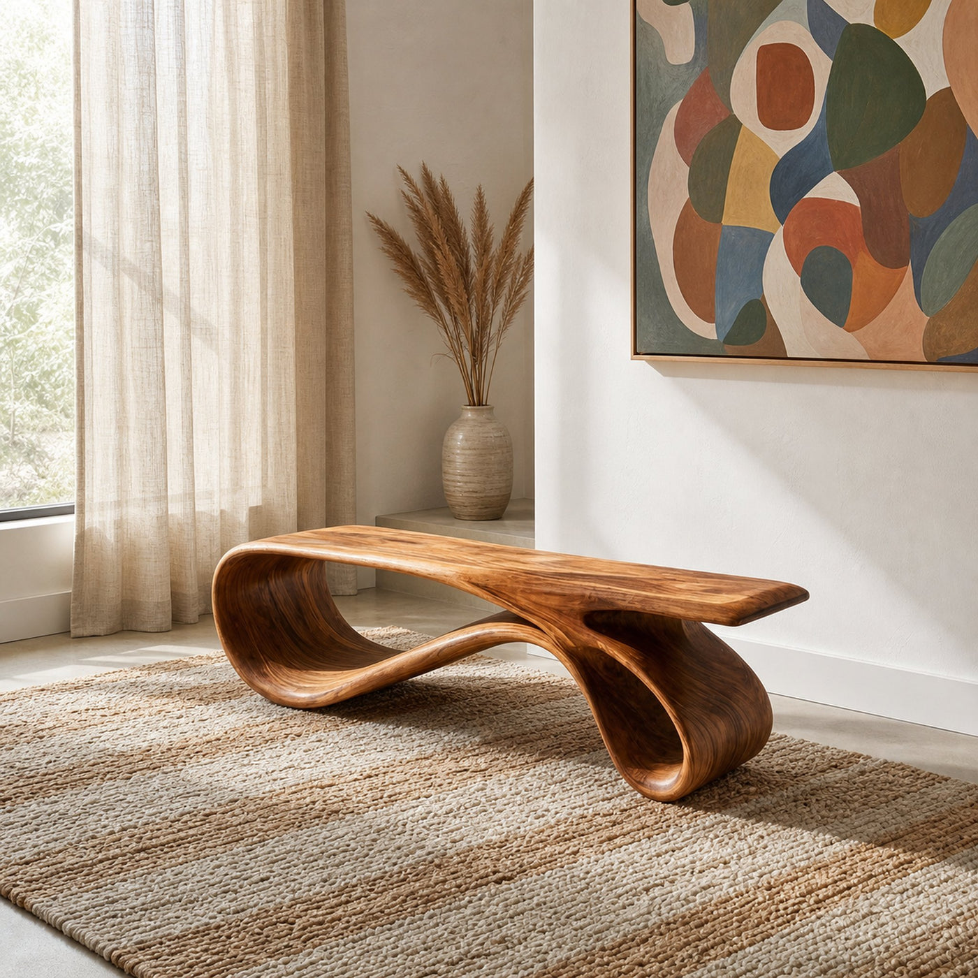 Curved Natural Wood Bench For Contemporary Living Room Decor