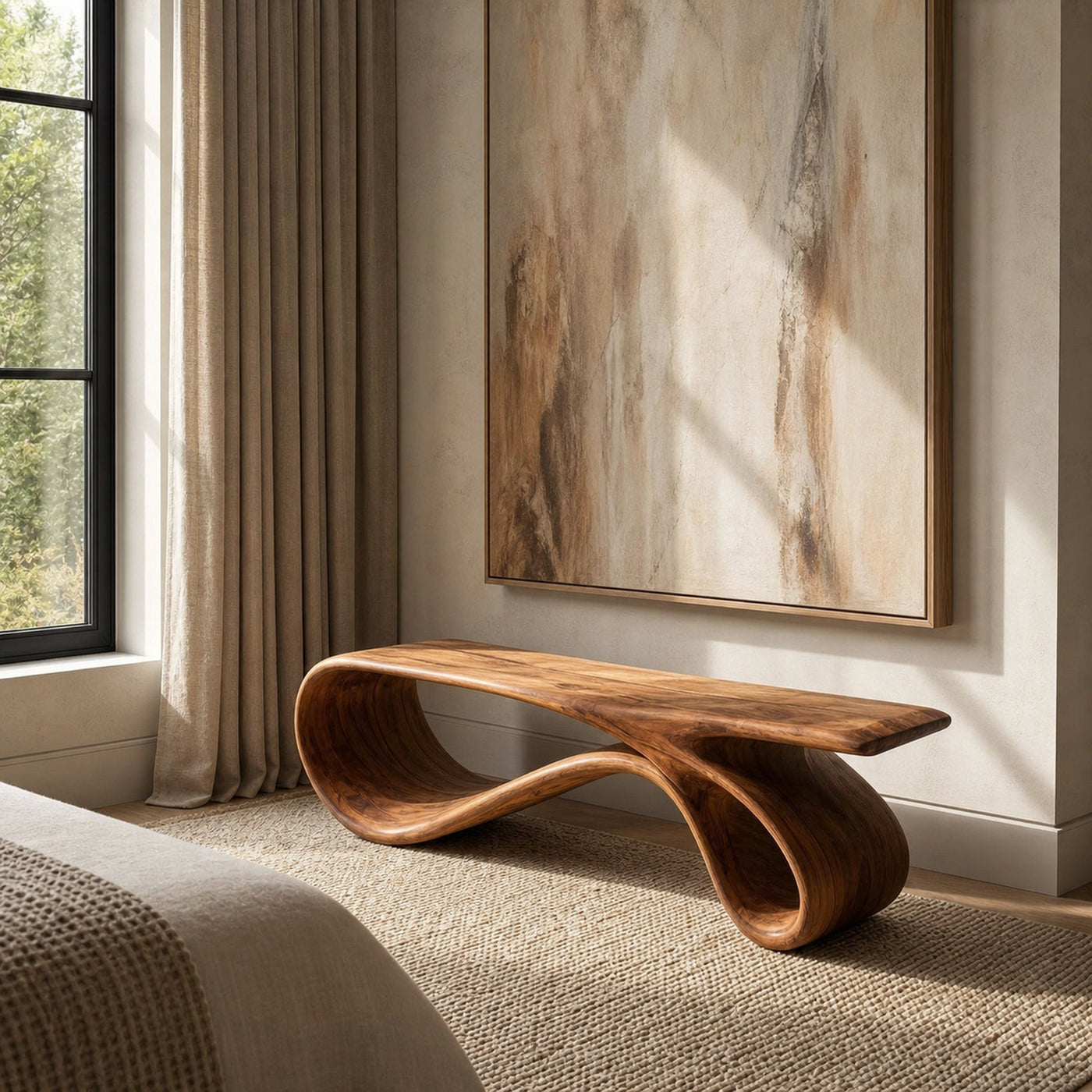 Curved Natural Wood Bench For Contemporary Living Room Decor - product view 6