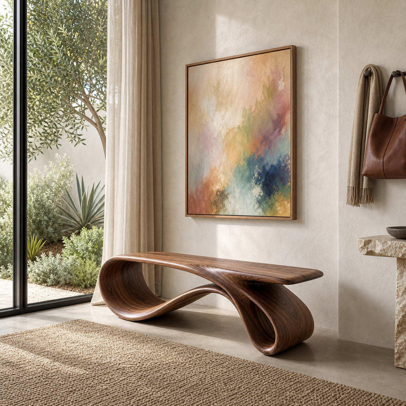 Curved Natural Wood Bench For Contemporary Living Room Decor - product view 7