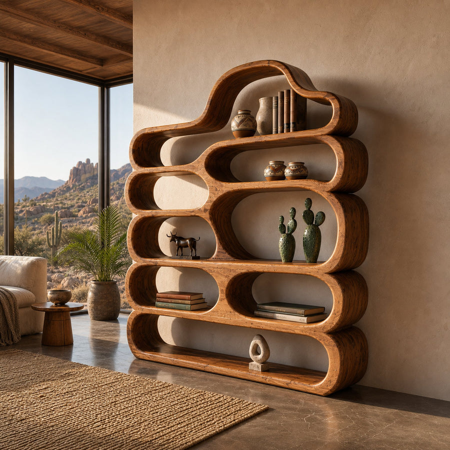 Curved Wooden Bookshelf With Display Shelves For Living Furniture