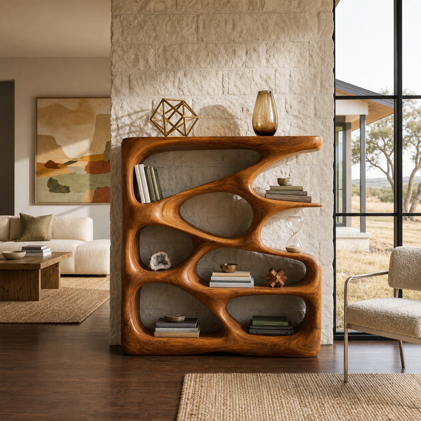 Designer Wooden Bookshelf With Sculptural Shelves For Decorative Accents