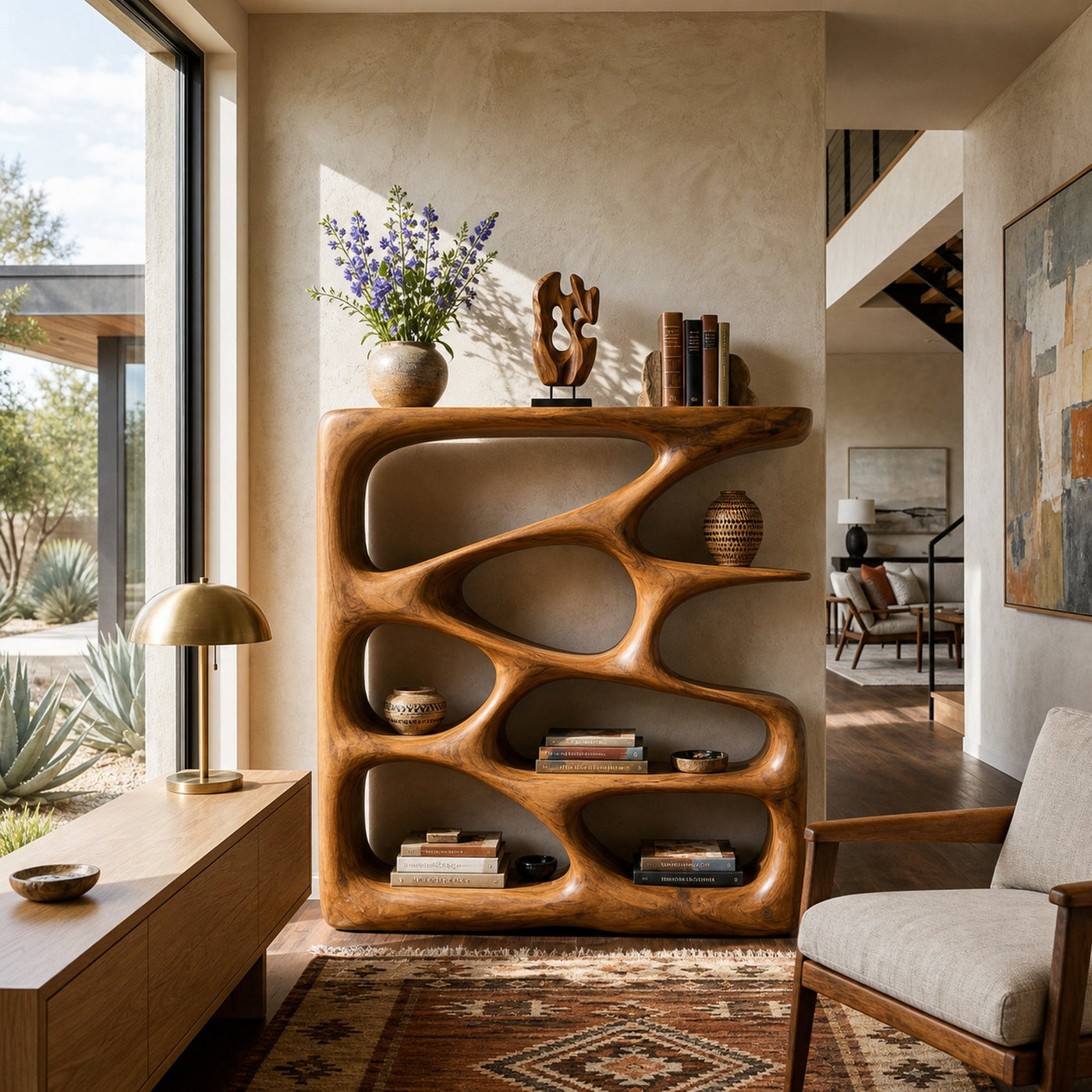 Designer Wooden Bookshelf With Sculptural Shelves For Decorative Accents - product view 6