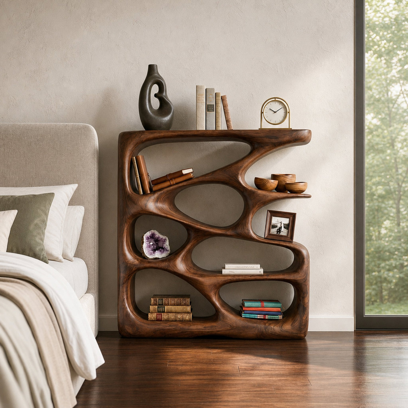 Designer Wooden Bookshelf With Sculptural Shelves For Decorative Accents - product view 7