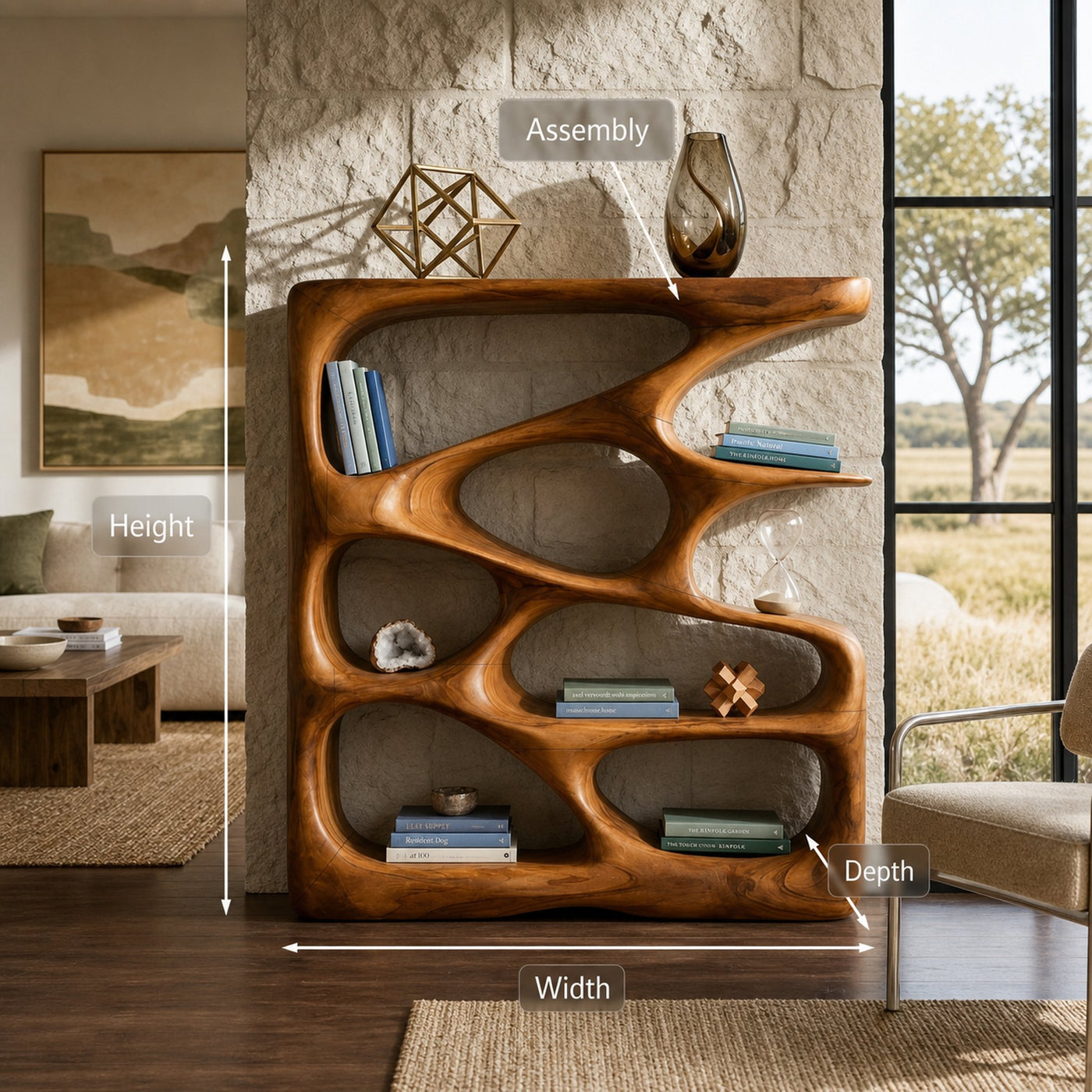 Designer Wooden Bookshelf With Sculptural Shelves For Decorative Accents - product view 8