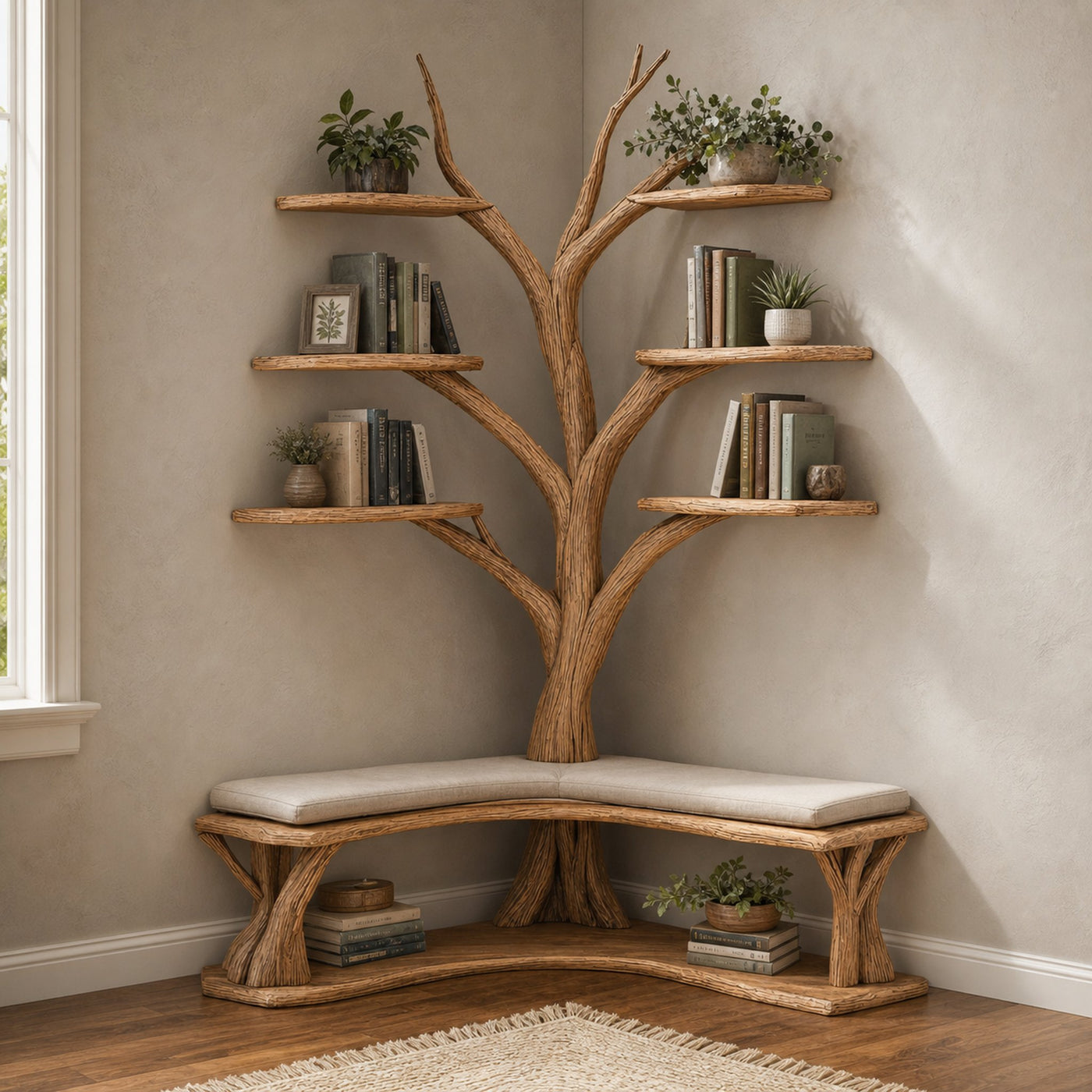 Driftwood Branch Floating Bookshelf Hall Tree With Wood Bench