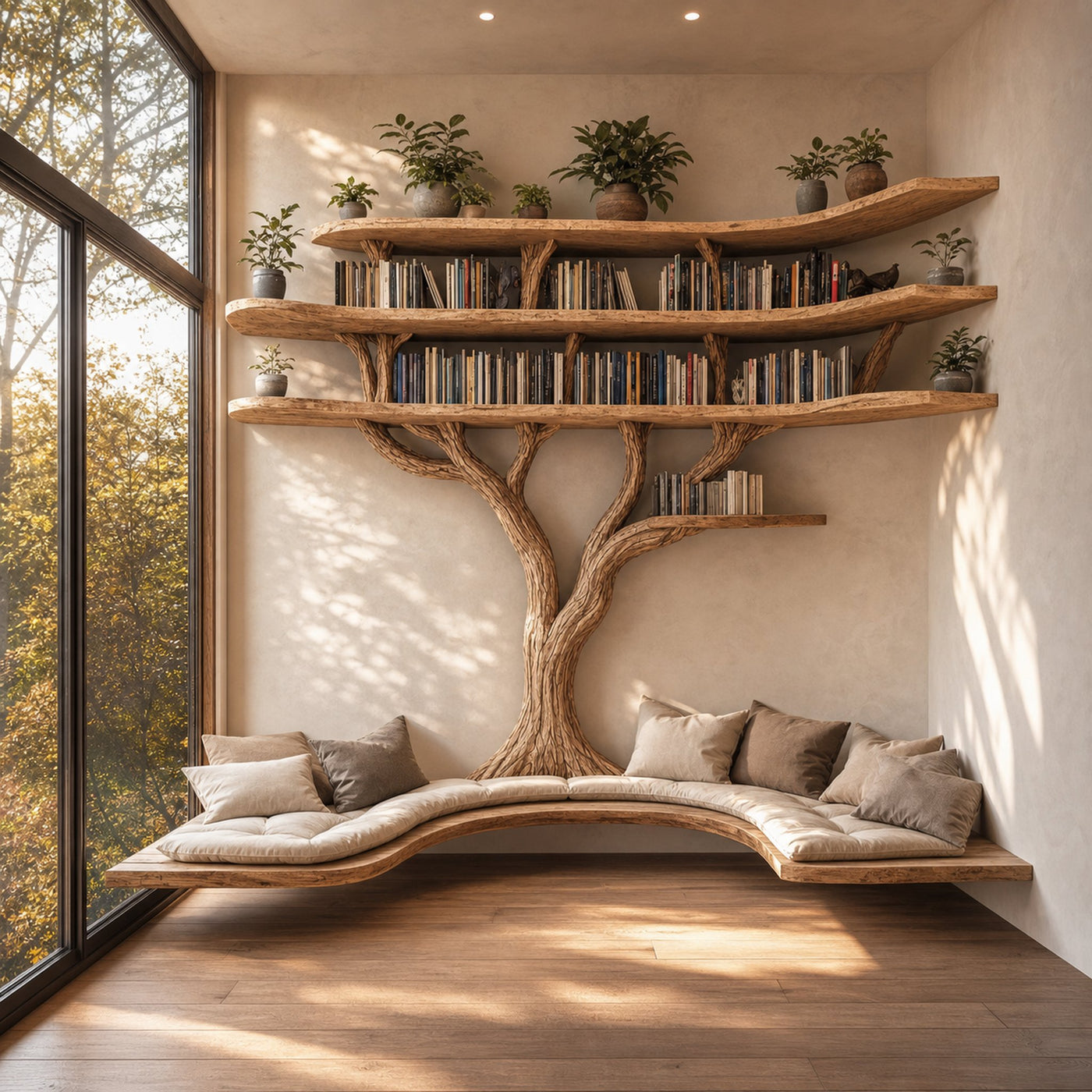 Driftwood Branch Tree Bookshelf With U Shaped Bench Custom Corner Bench