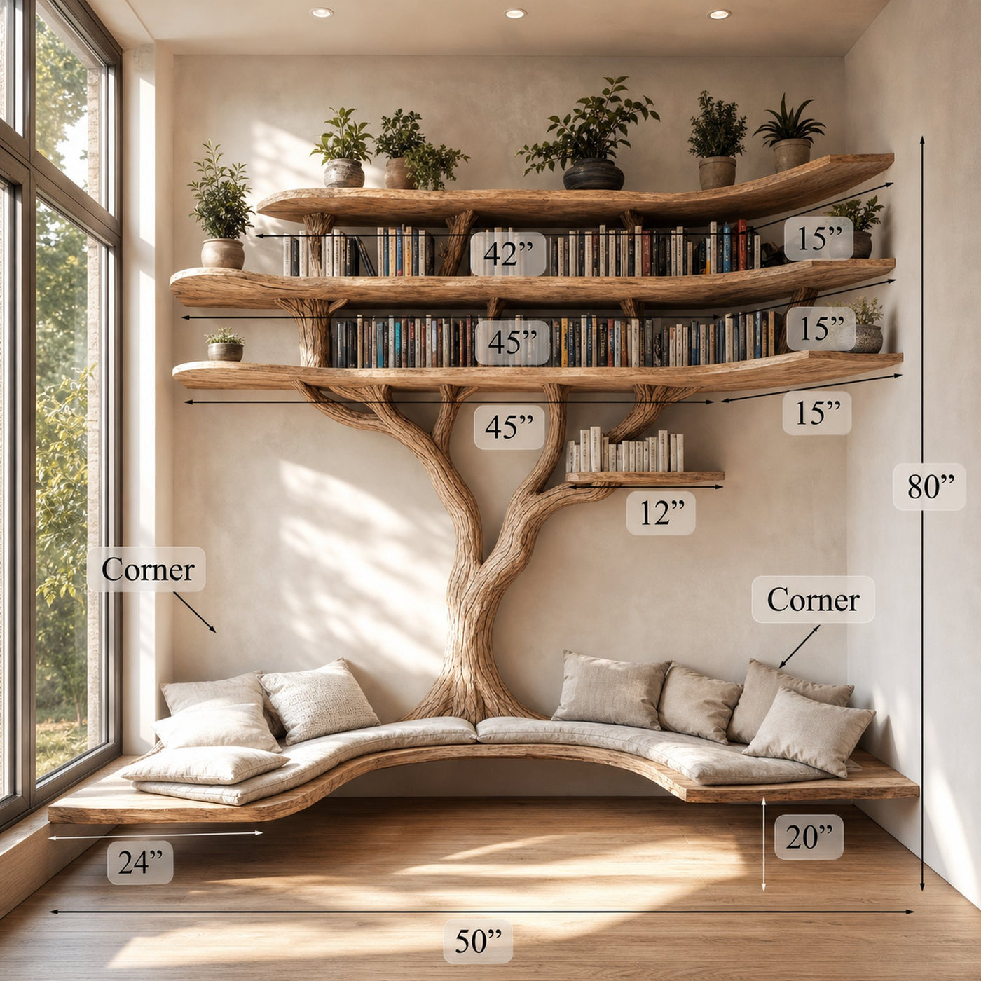 Driftwood Branch Tree Bookshelf With U Shaped Bench Custom Corner Bench - product view 6