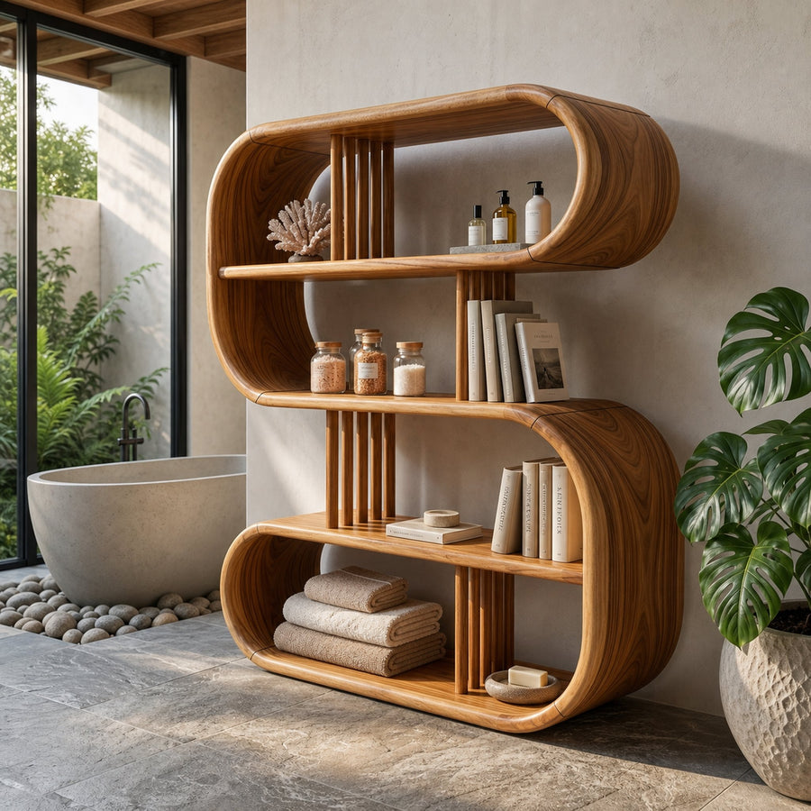 Elegant Curved Wooden Bathroom Shelf With Spa Inspired Design