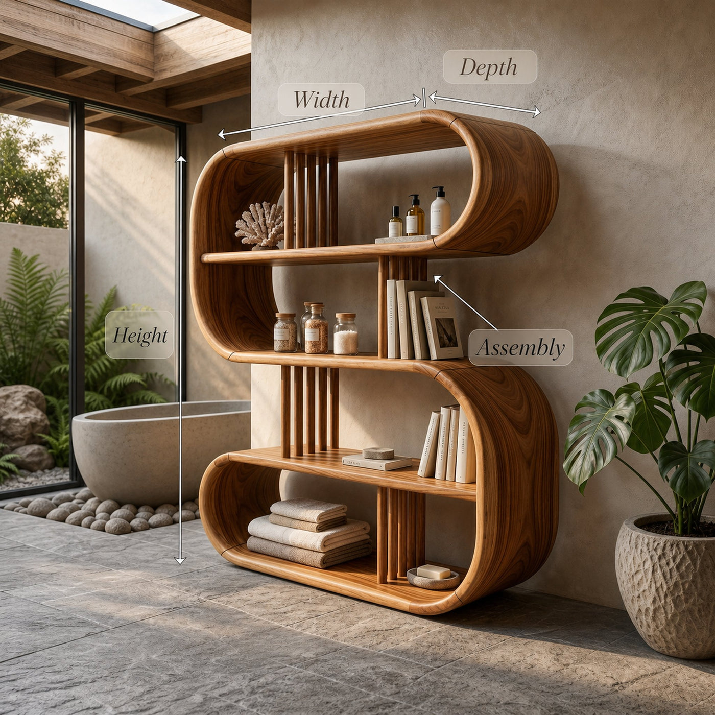 Elegant Curved Wooden Bathroom Shelf With Spa Inspired Design - product view 8