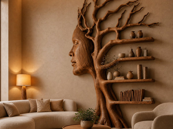 Fantasy Tree Bookshelf With Sculptural Face Design And Integrated Branch Shelves For Living Room