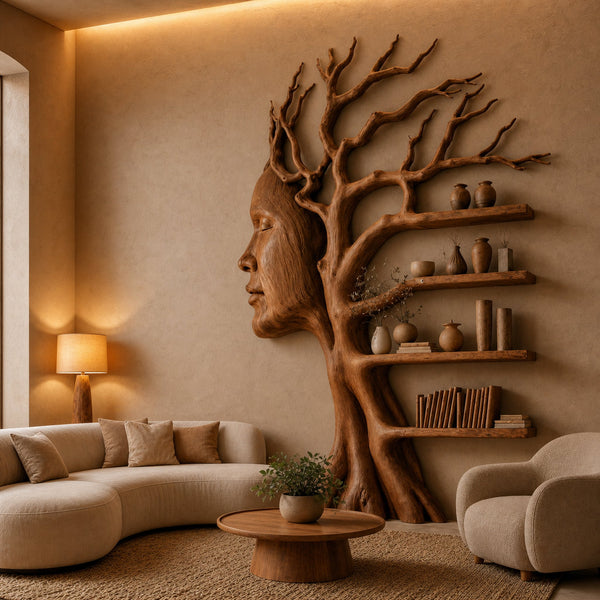 Fantasy Tree Bookshelf With Sculptural Face Design And Integrated Branch Shelves For Living Room