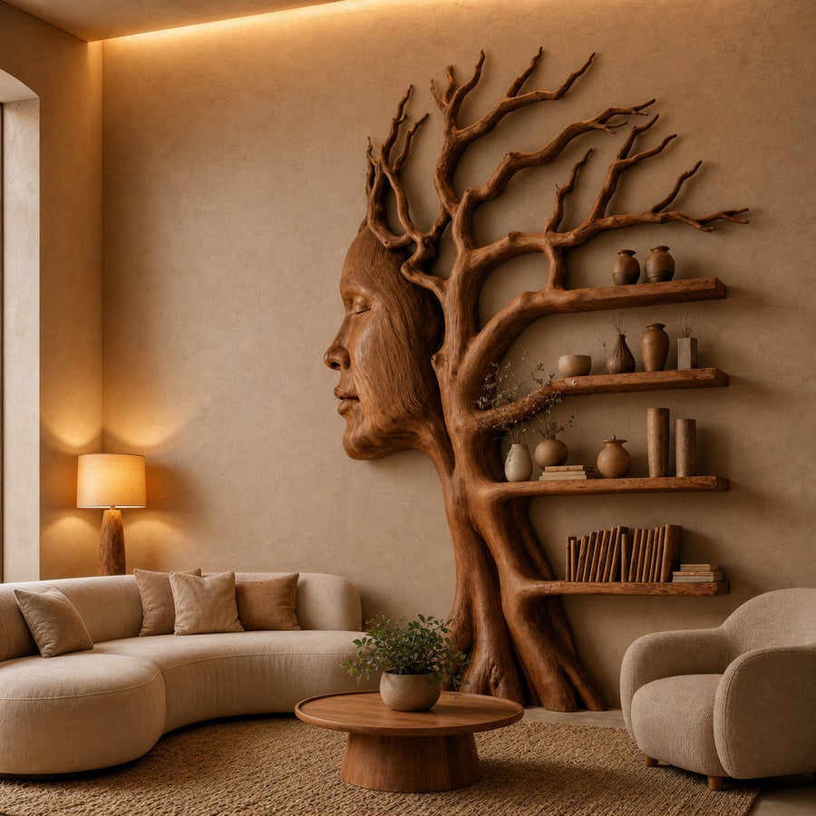 Fantasy Tree Bookshelf With Sculptural Face Design And Integrated Branch Shelves For Living Room